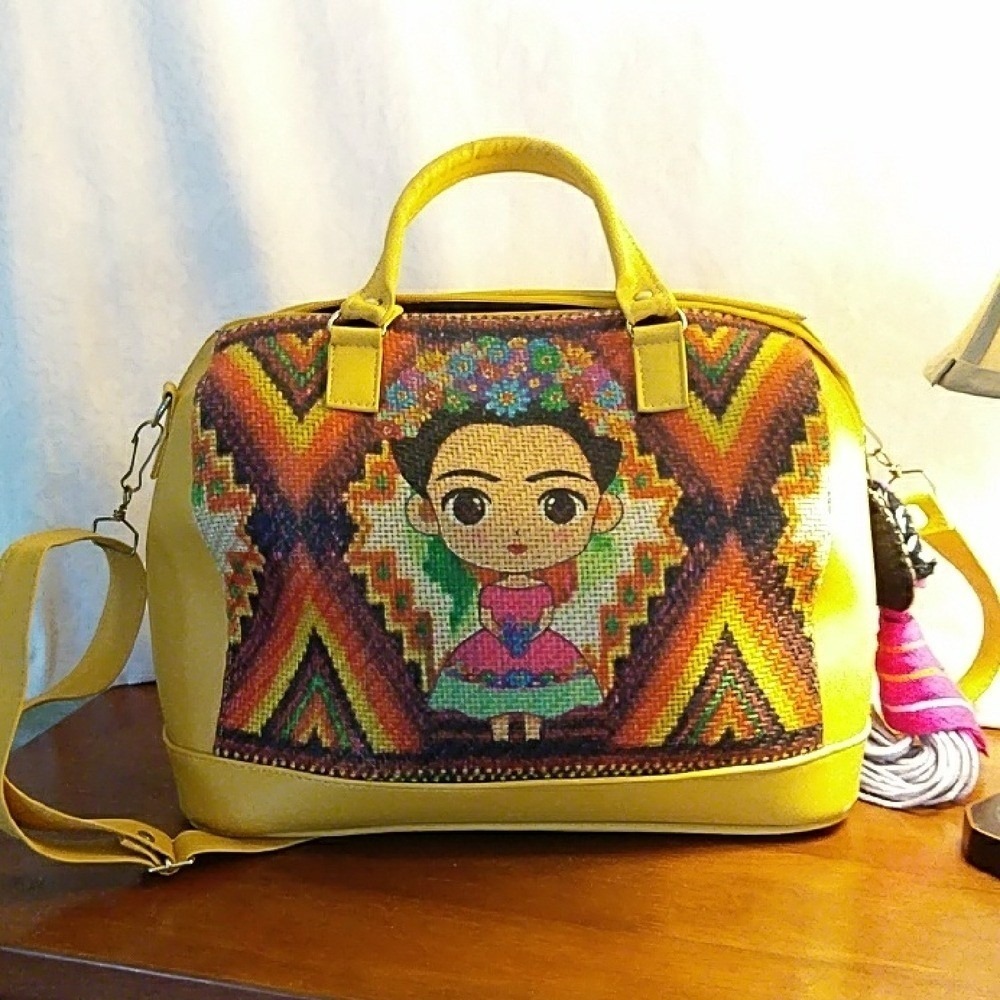 Frida Kahlo Inspired Yellow Tapestry Satchel Crossbody Bag with Doll Charm